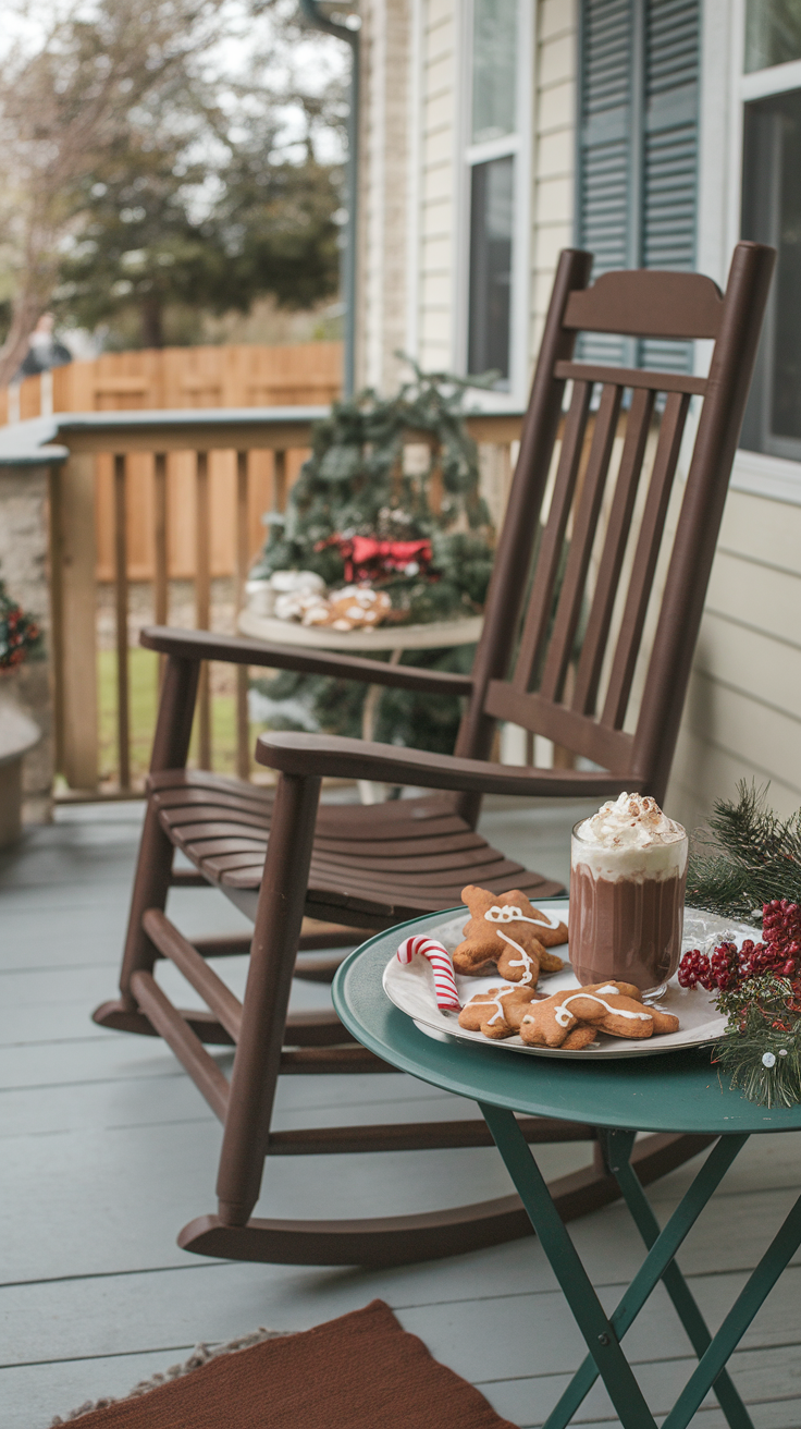 A cozy porch with a rocking chair, hot cocoa, gingerbread cookies, and festive decorations.