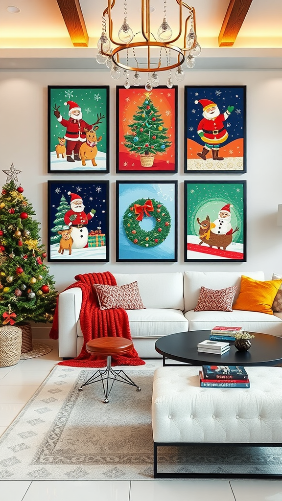 Festive wall art featuring Santa Claus, a Christmas tree, and holiday decorations.