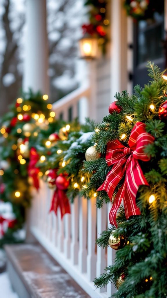 A close-up of beautifully decorated outdoor garlands with red bows and ornaments, adorned with twinkling lights.