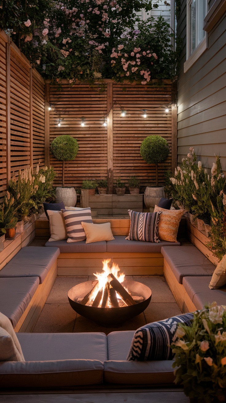 Cozy fire pit lounge area with soft seating and greenery