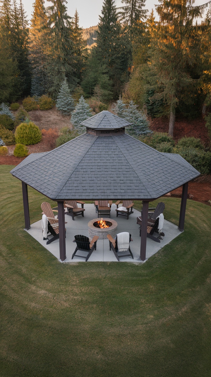A beautiful fire pit pavilion in a backyard, surrounded by greenery and cozy seating.