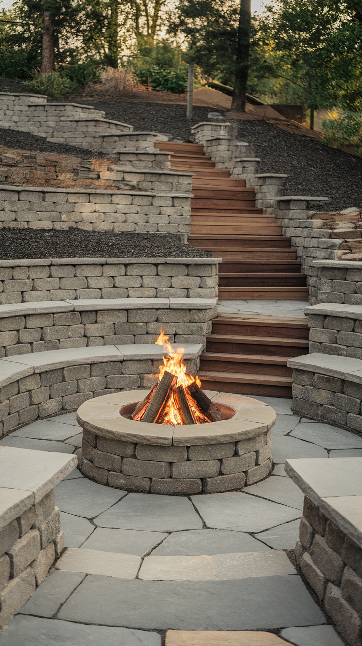 A cozy fire pit surrounded by terraced stone seating in a sloped yard