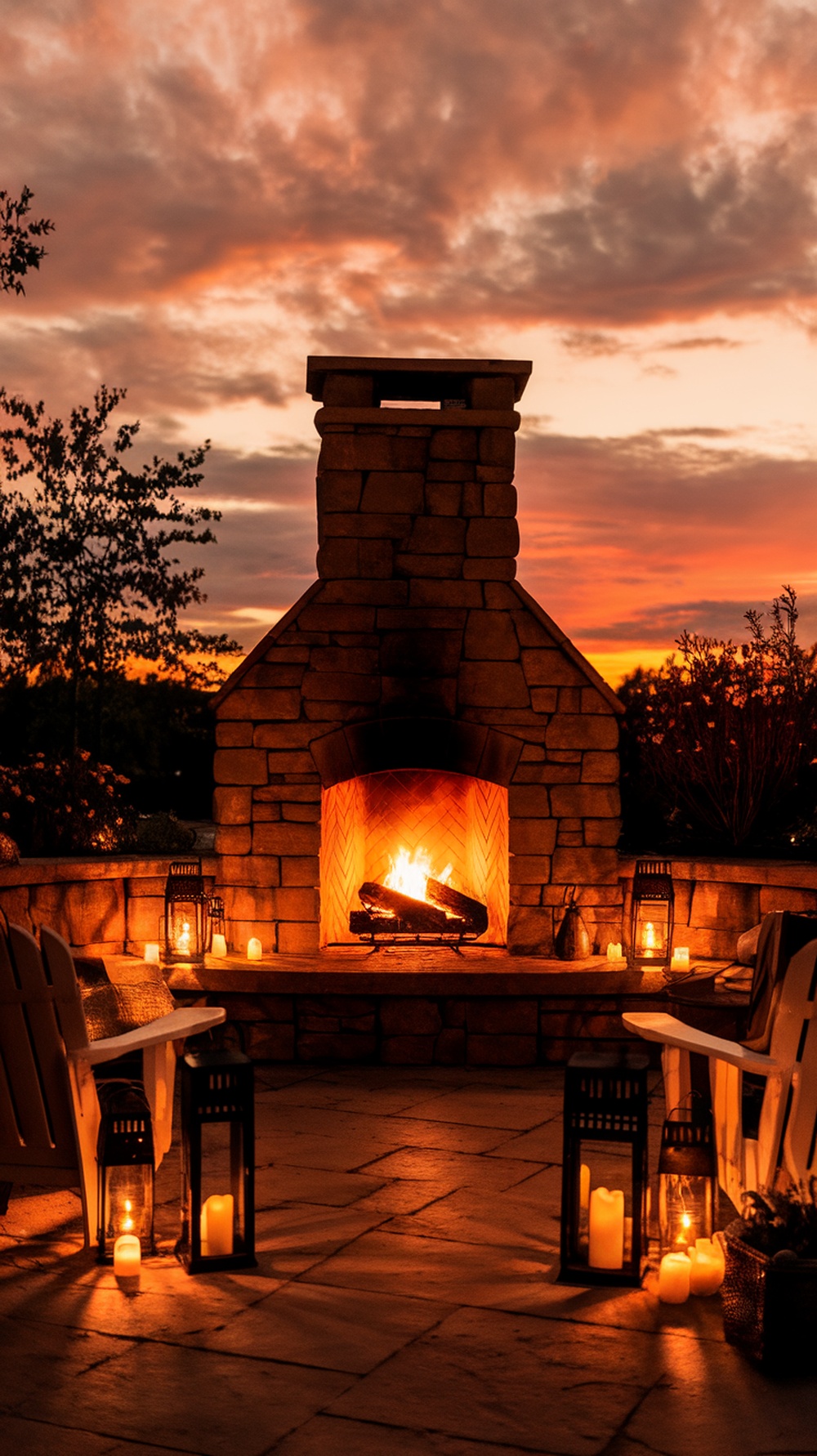 Outdoor fireplace at dusk with a cozy atmosphere and a beautiful sunset.