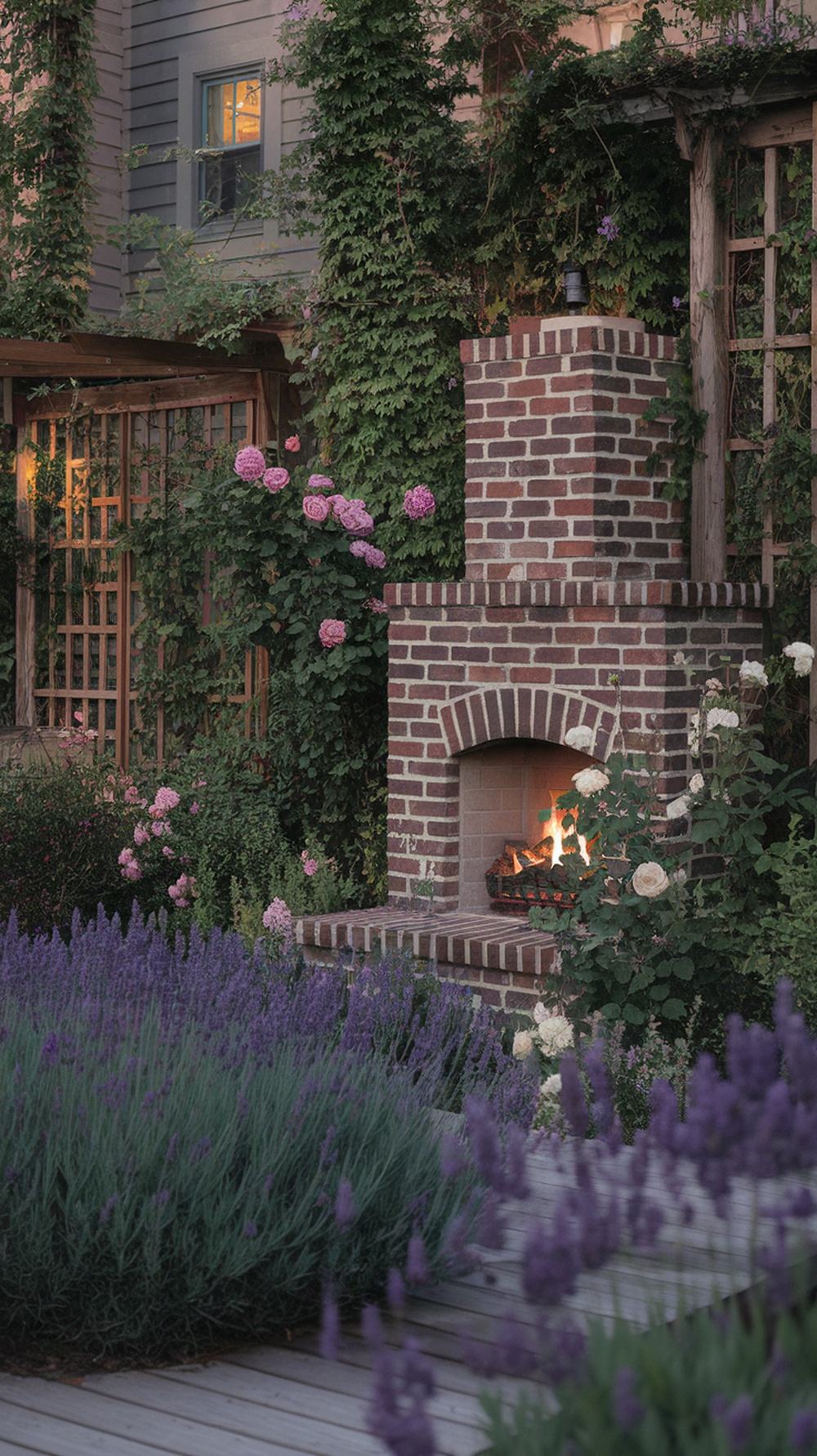 A cozy outdoor fireplace surrounded by roses and lavender in a garden