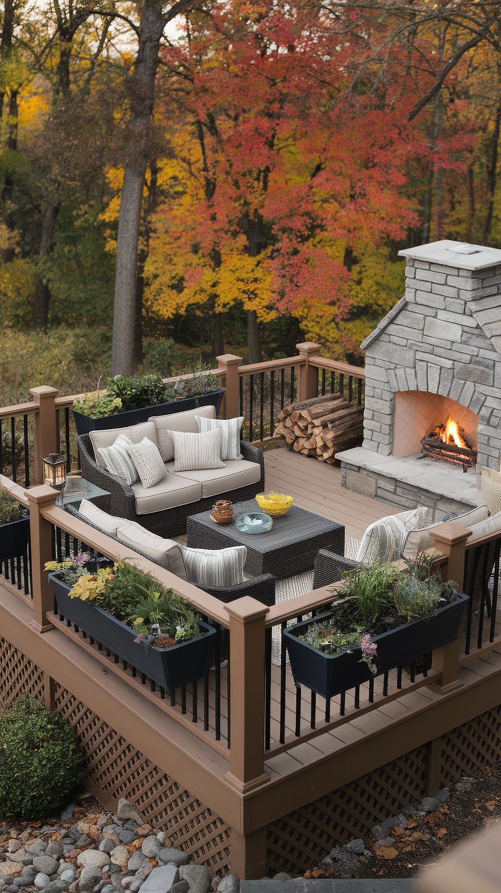 A beautiful outdoor deck featuring a stone fireplace, comfortable seating area, and vibrant flower planters.