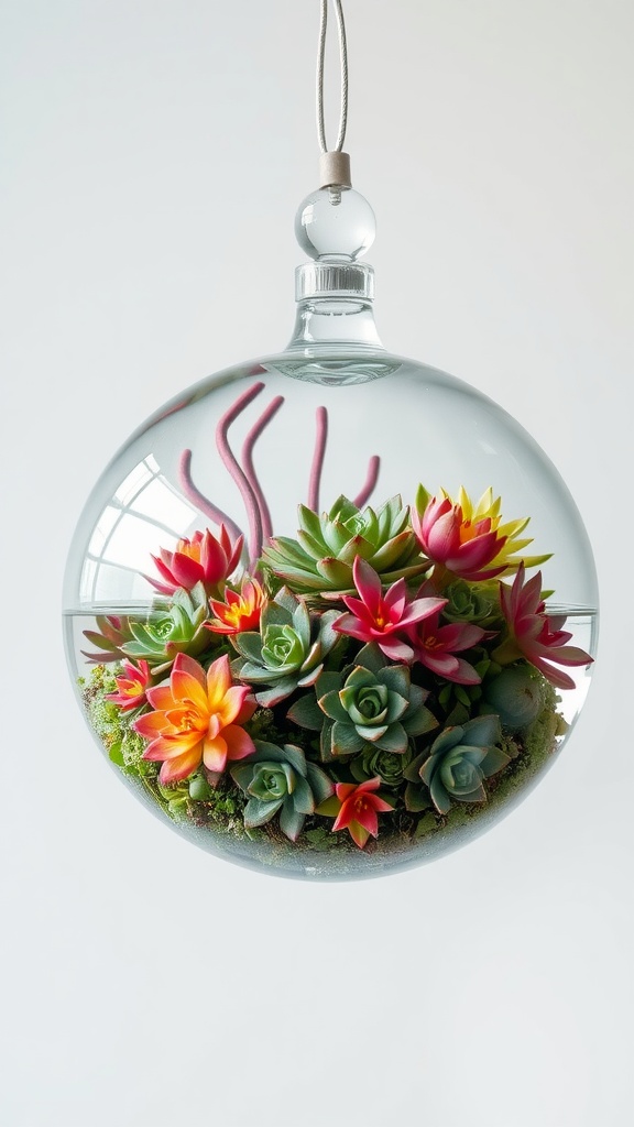 A glass globe filled with colorful succulents and moss, hanging from a cord.