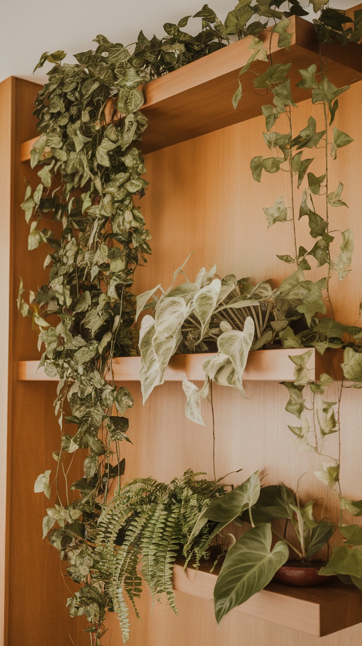 Floating wooden shelves adorned with various hanging plants.