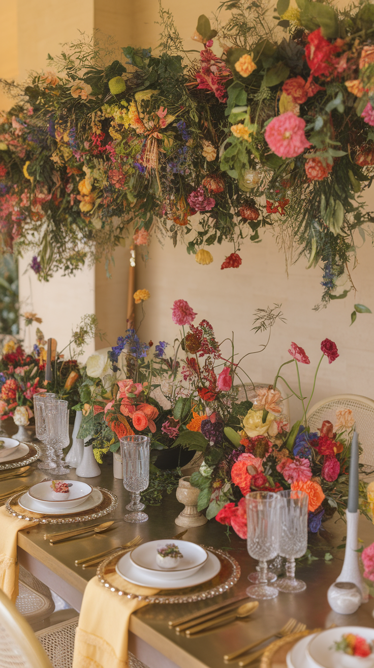 A beautifully decorated table with vibrant flowers and elegant tableware.