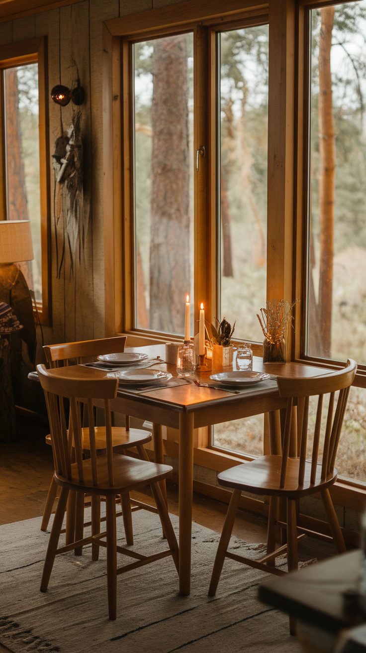 Cozy dining setup in a forest cabin with candles and a view of nature.