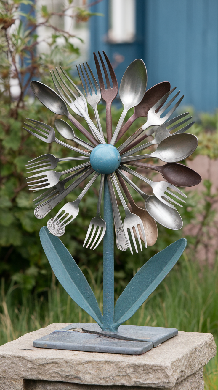 A flower sculpture made of forks and spoons in a garden setting.