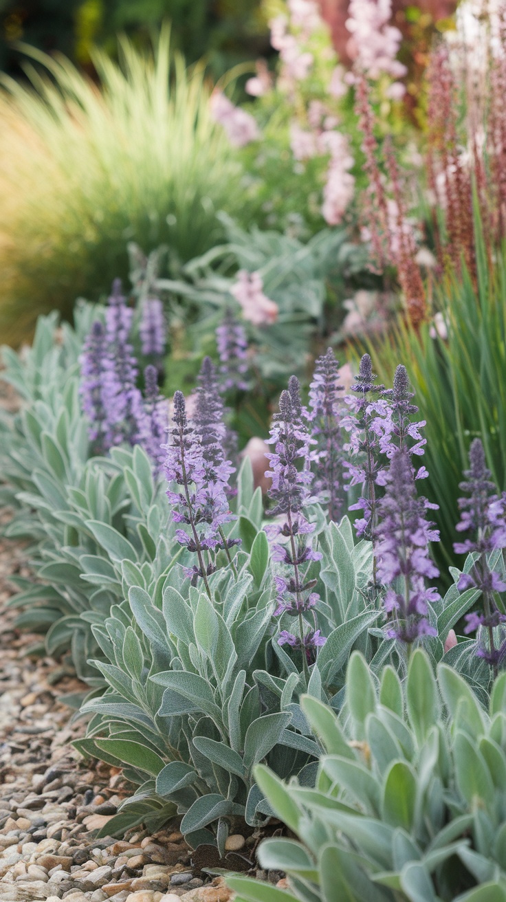 A close-up of fragrant sage with purple flowers in a garden border.