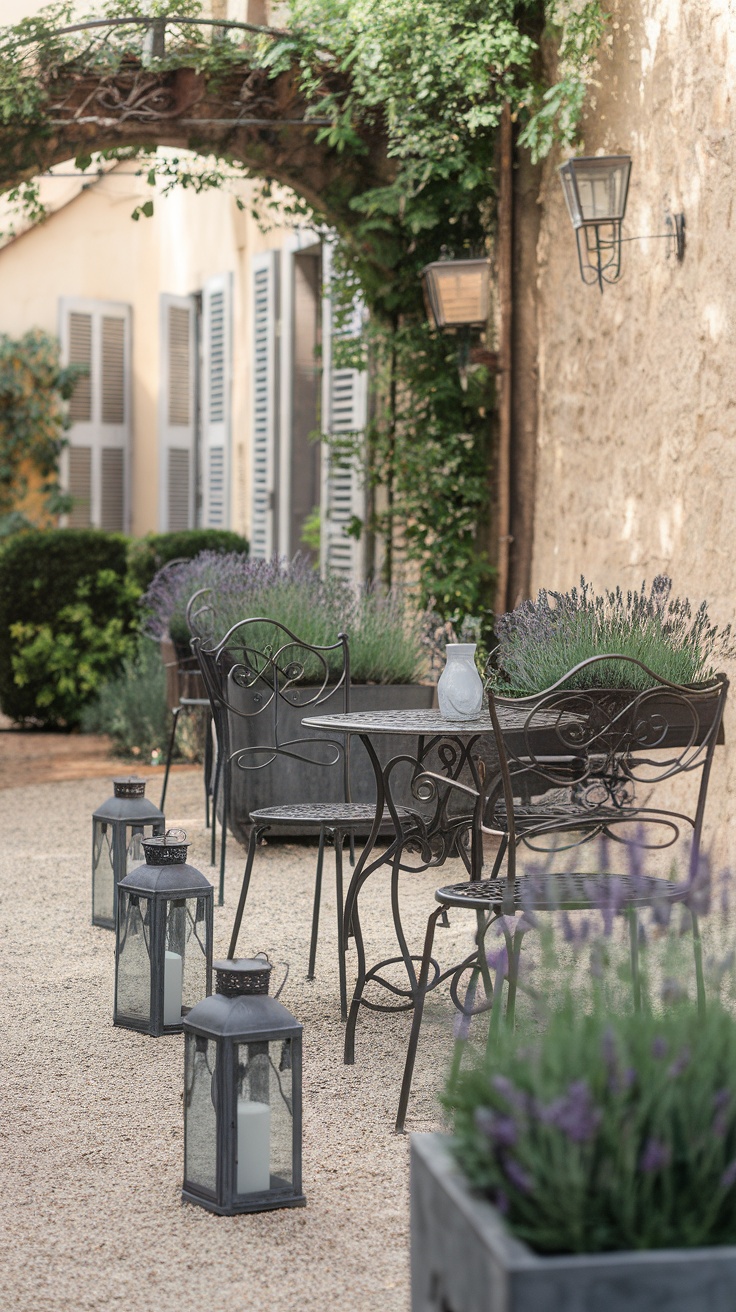 French country patio with metal chairs, a table, lavender plants, and lanterns