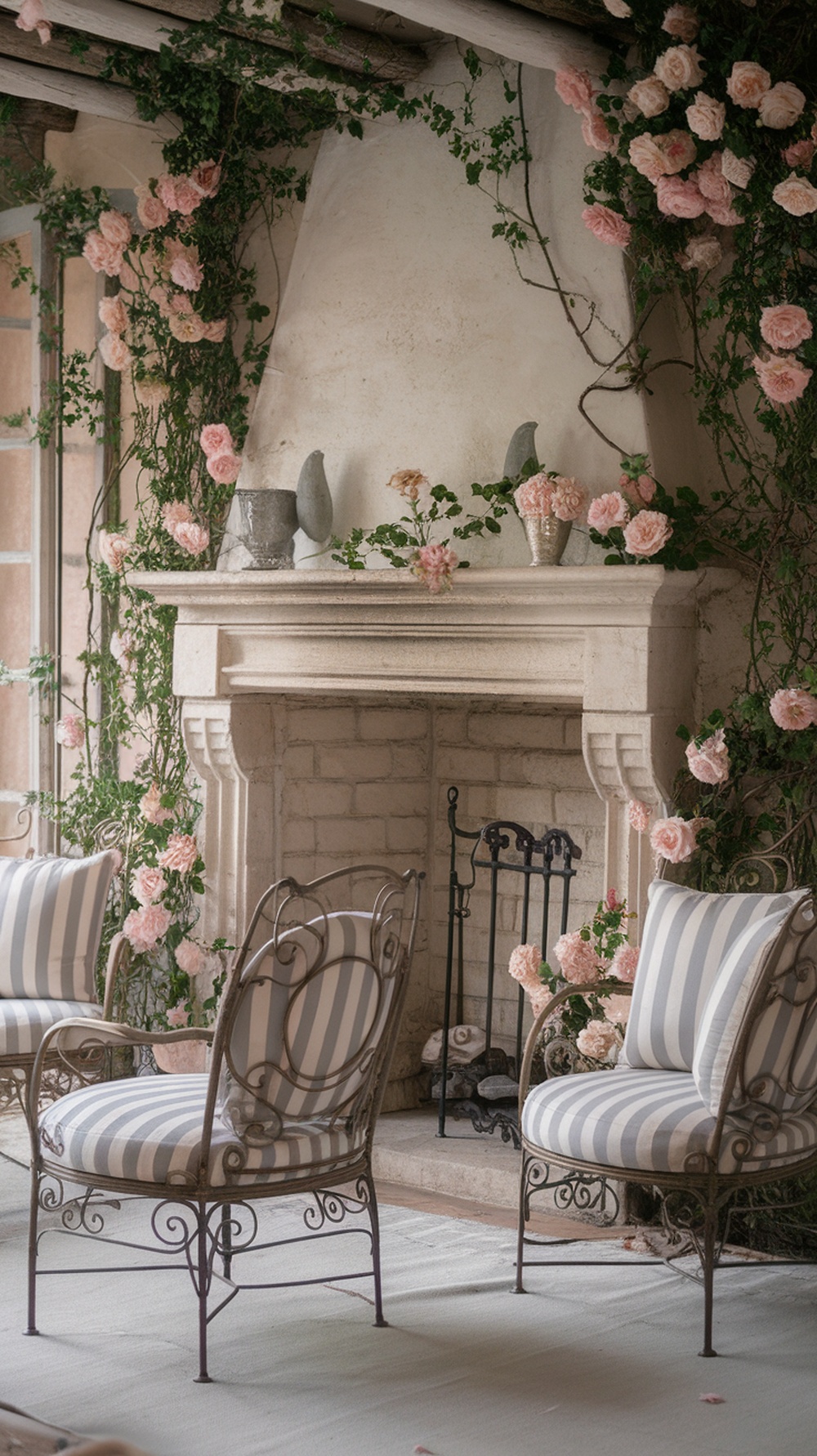 A serene French country patio featuring a stone fireplace adorned with pink roses and cozy striped chairs.
