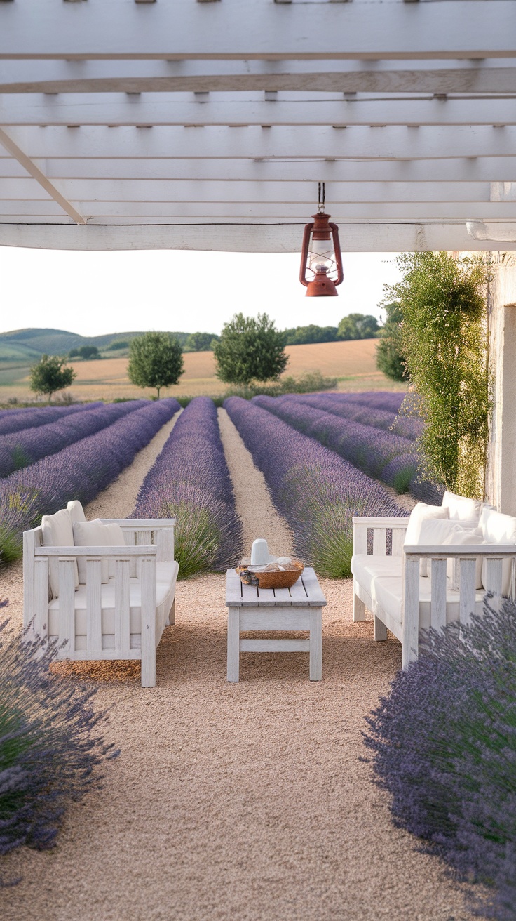 A cozy patio with white seating surrounded by lavender fields under a pergola.