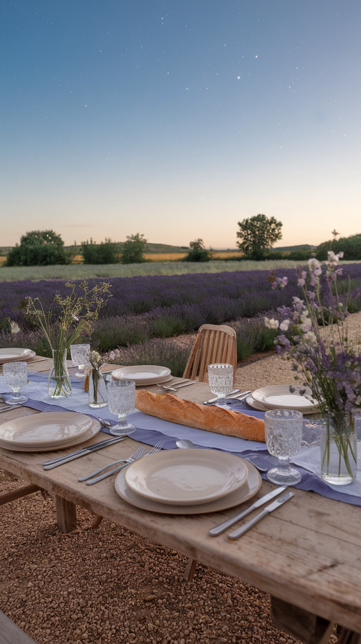 A beautiful outdoor dining setup in the French countryside with a wooden table, lavender fields, and a clear sky.