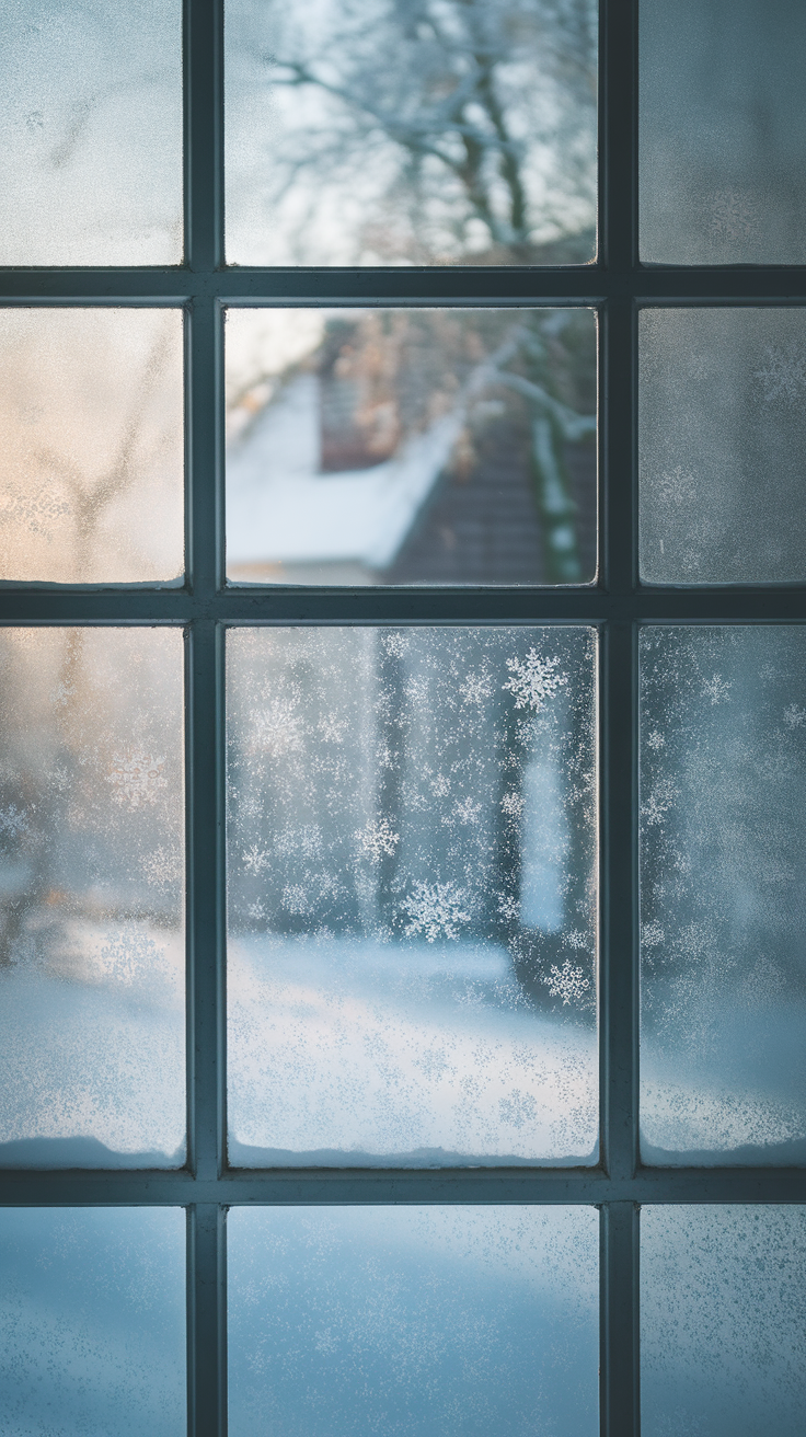 Frosted windowpanes with a view of snow outside.