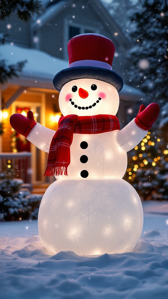 A cheerful Frosty the Snowman inflatable in a snowy yard