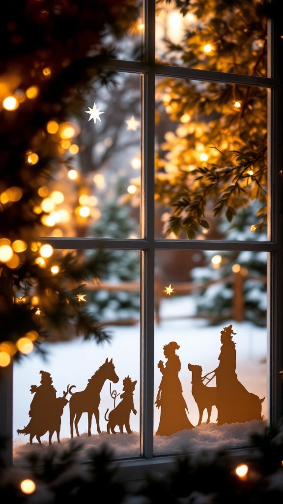 Silhouettes of people and animals in a frosty window, surrounded by lights and snowy scenery.