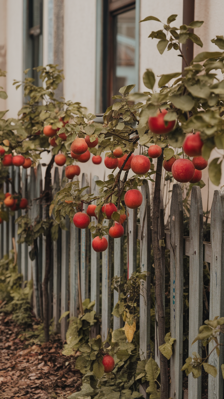 A rustic wooden fence adorned with vibrant apple trees bearing fruit.