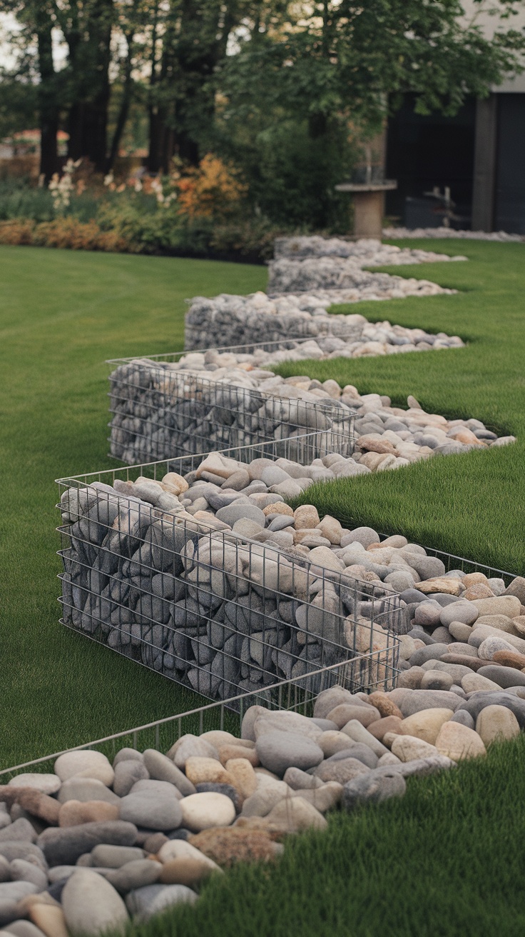 Gabion wall lawn edging with stones in wire cages on a green lawn.