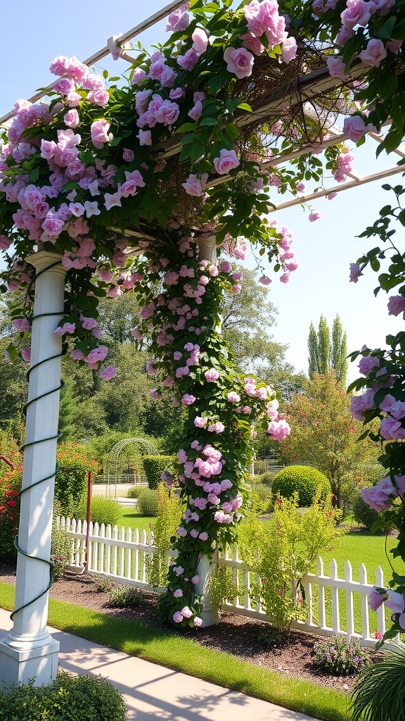 A pergola adorned with pink flowers in a sunny garden setting.