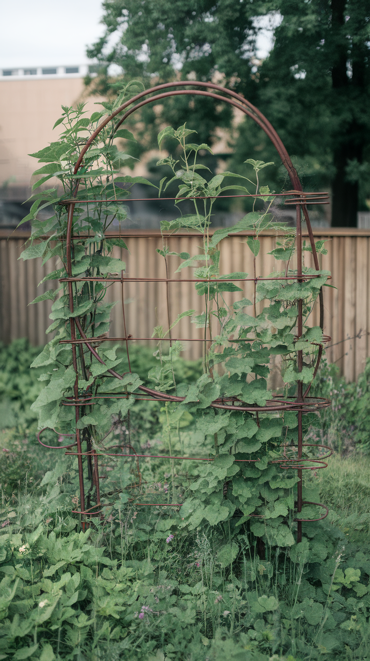 A trellis made from garden hoses with climbing plants growing on it.