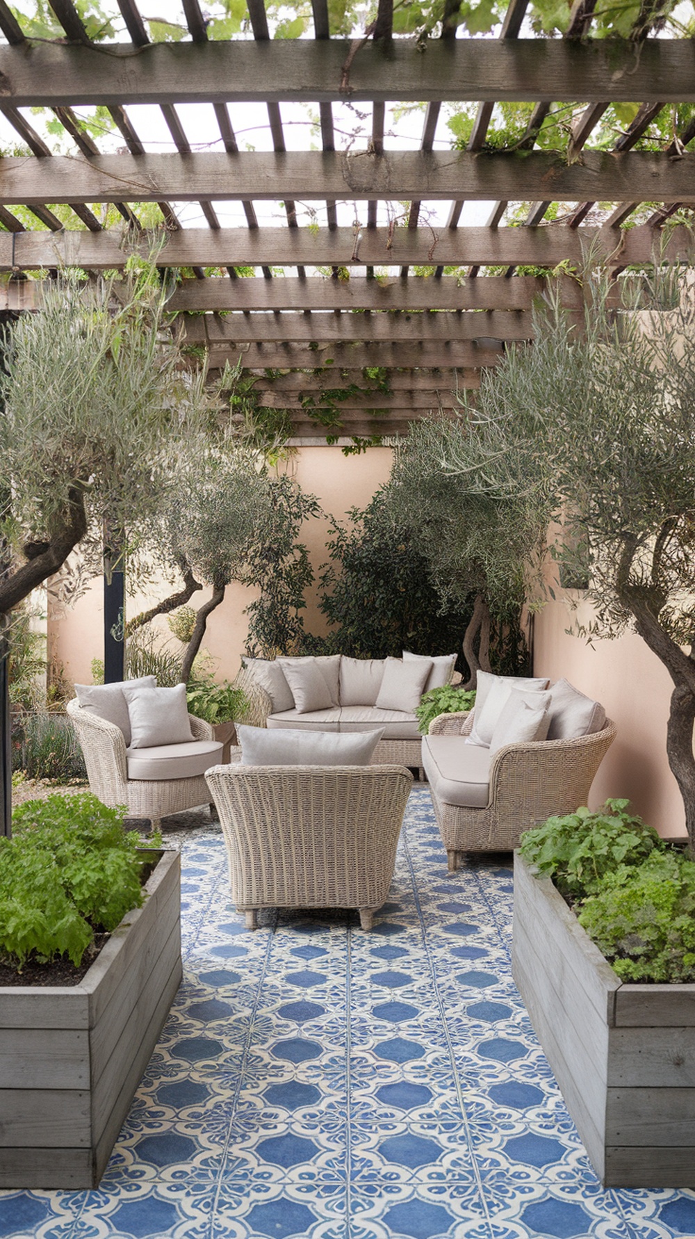 A cozy Mediterranean garden lounge featuring a tiled floor, plush seating, and surrounding greenery.