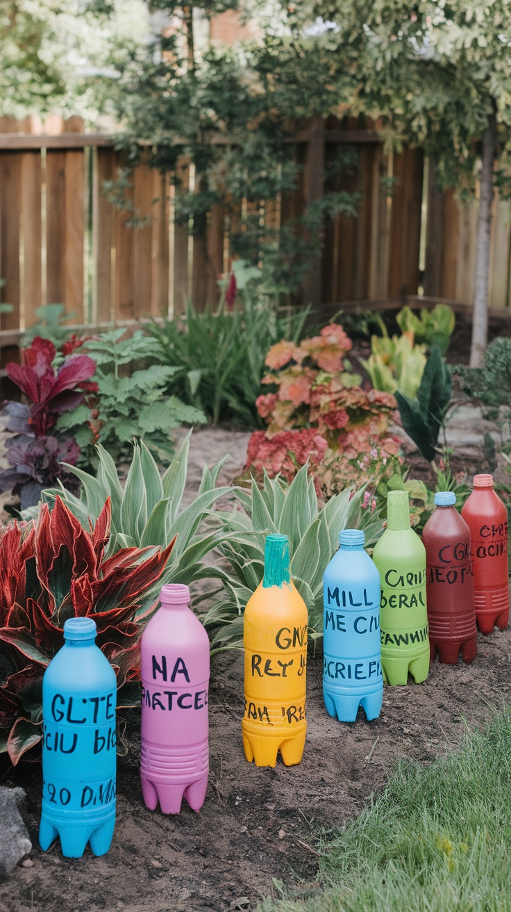 Colorful painted plastic bottles used as garden markers