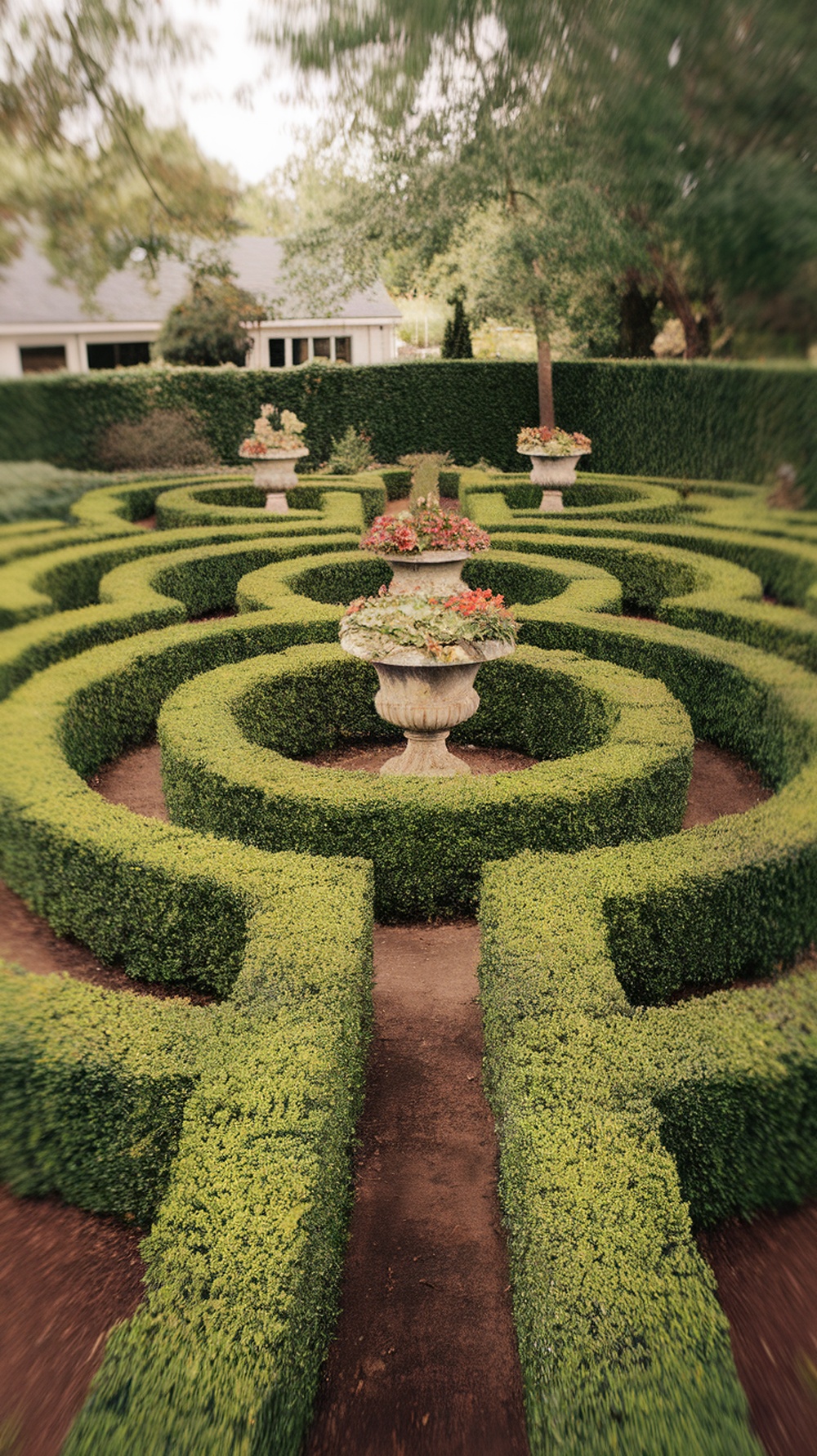 A beautifully manicured boxwood garden maze with flower-filled urns at the center.