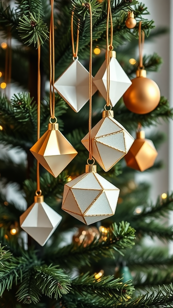 Geometric ornaments hanging on a Christmas tree