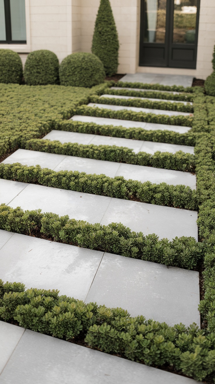 A modern geometric walkway made of stone slabs surrounded by green hedges.