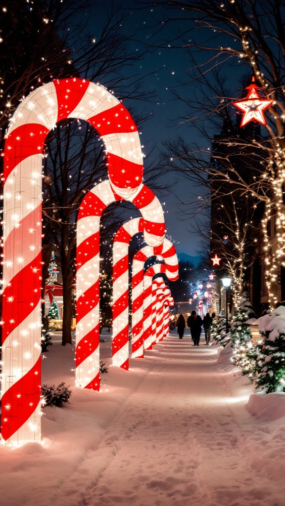 A pathway lined with giant candy cane markers illuminated by lights in a snowy setting.