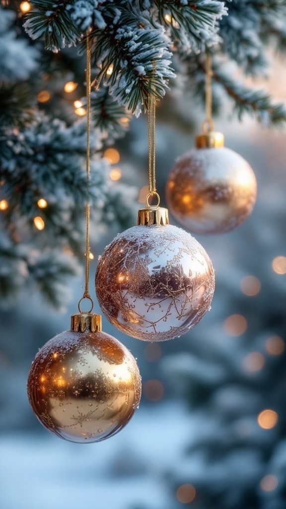 Giant gold and silver Christmas ornaments hanging on a snowy tree.