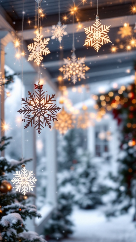 Decorative snowflakes hanging on a front porch with lights and snow.