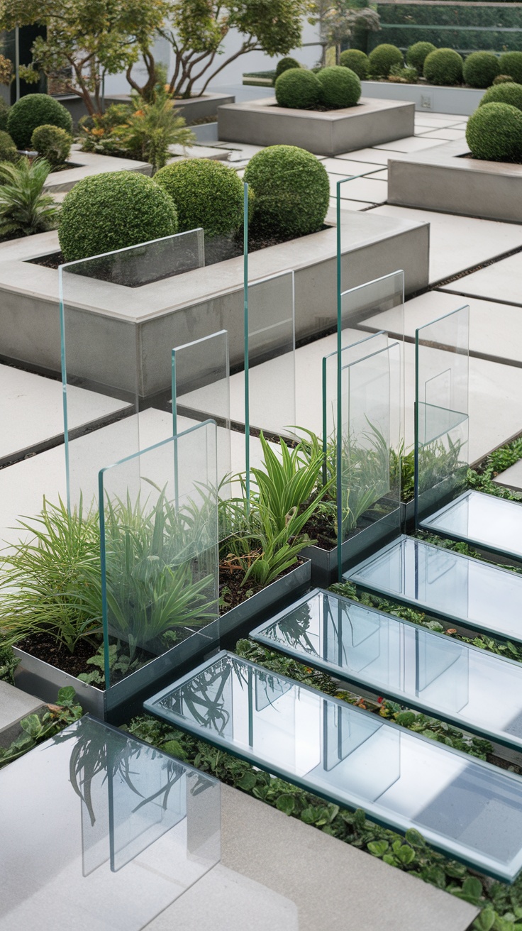 A modern front yard featuring glass panels, concrete planters, and green plants.