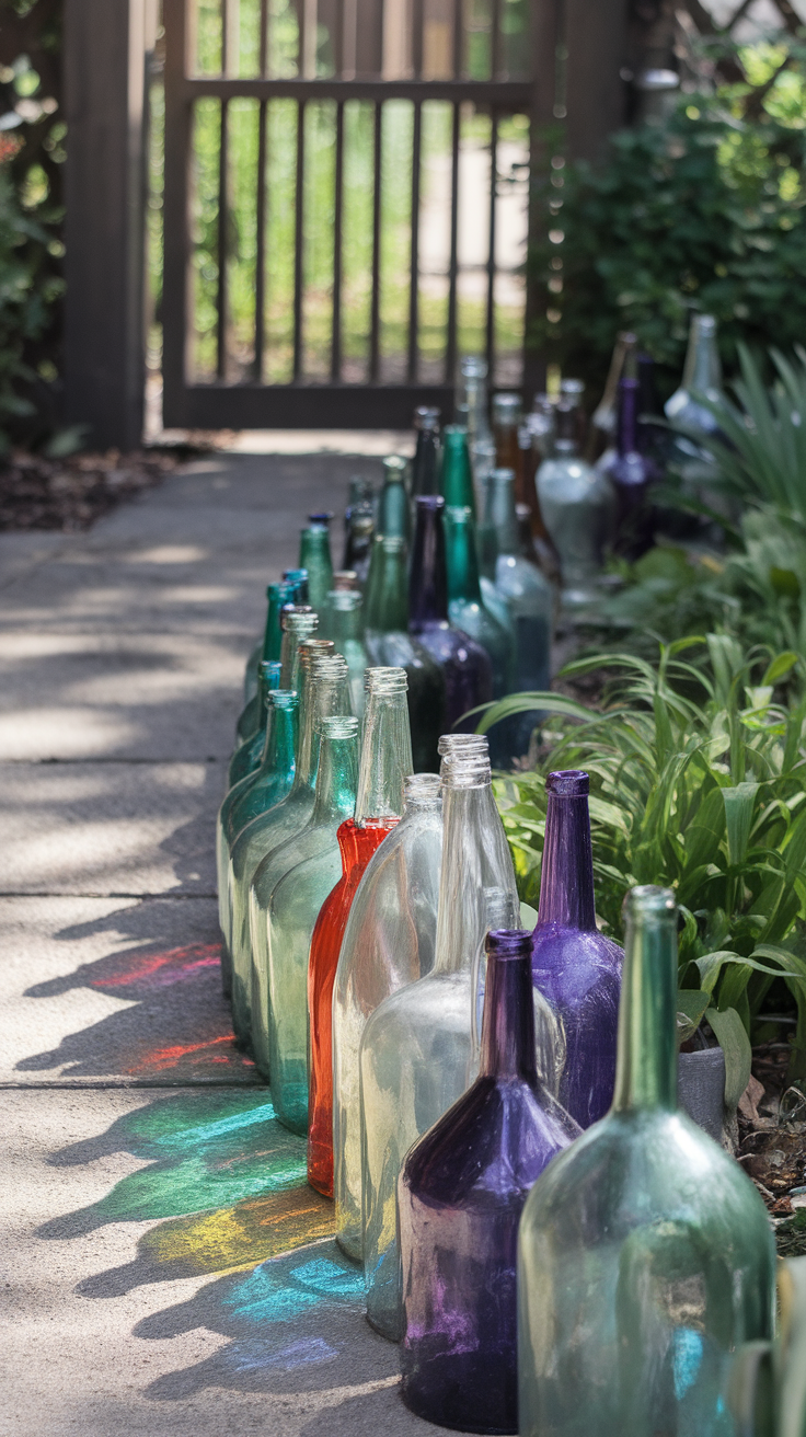 Colorful glass bottles arranged as garden edging along a pathway.