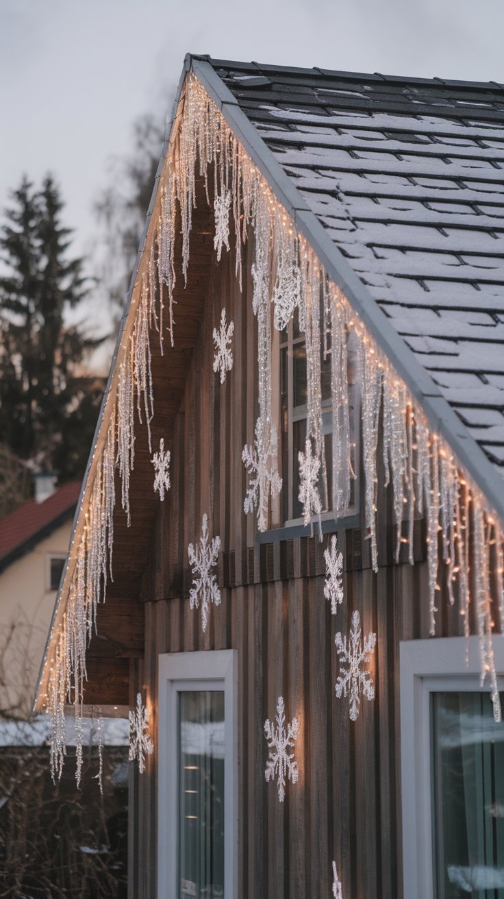 A cozy wooden house adorned with icicles and snowflake decorations, illuminated by warm lights.