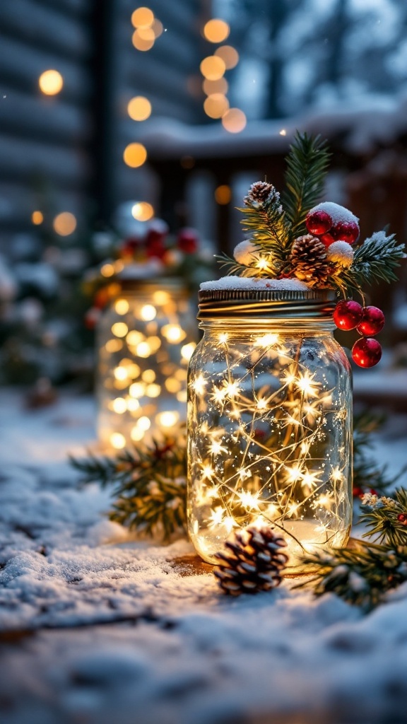 Two glowing mason jar lanterns decorated with pine branches and pinecones, glowing against a snowy background.