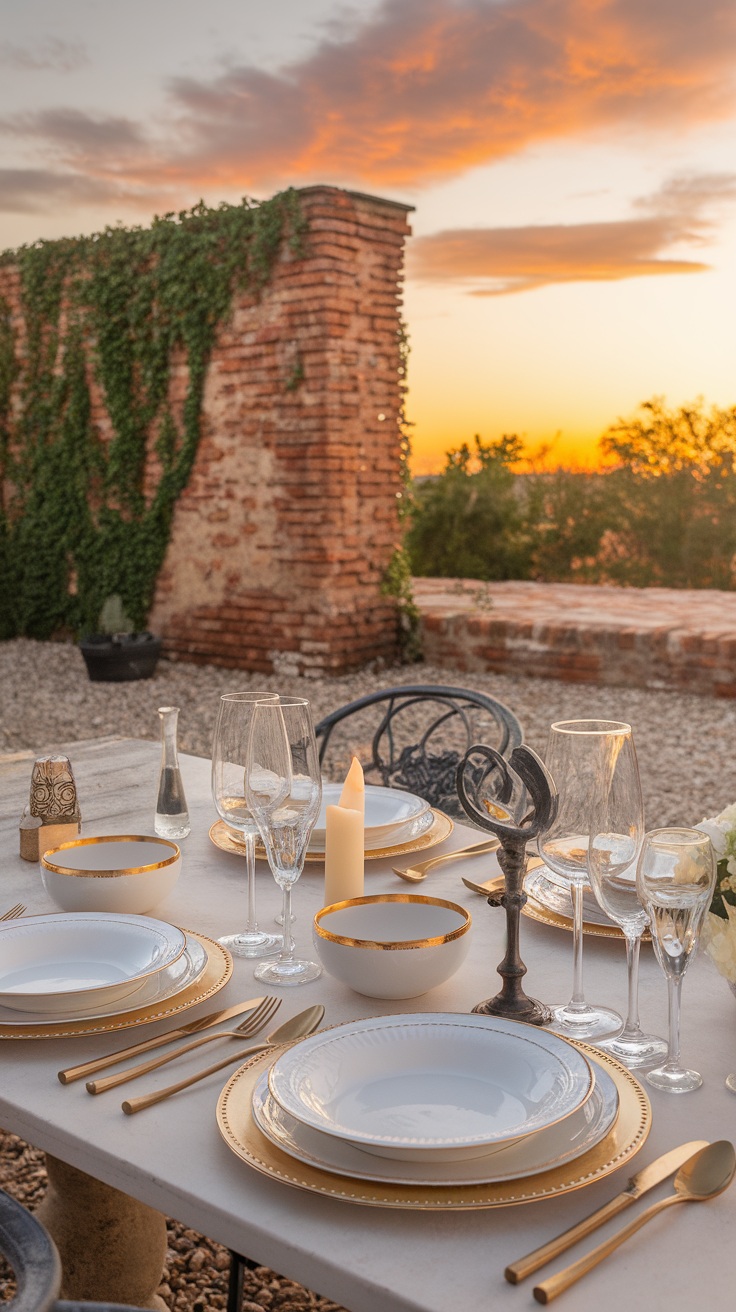 A beautifully set patio table during golden hour, featuring elegant tableware and a warm sunset backdrop.