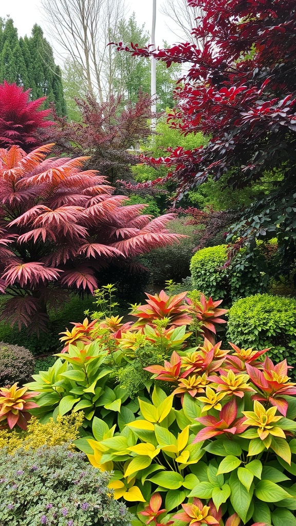 A vibrant cottage garden with lush seasonal foliage in various colors.