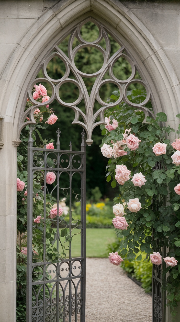 Gothic-style arched trellis adorned with pink roses