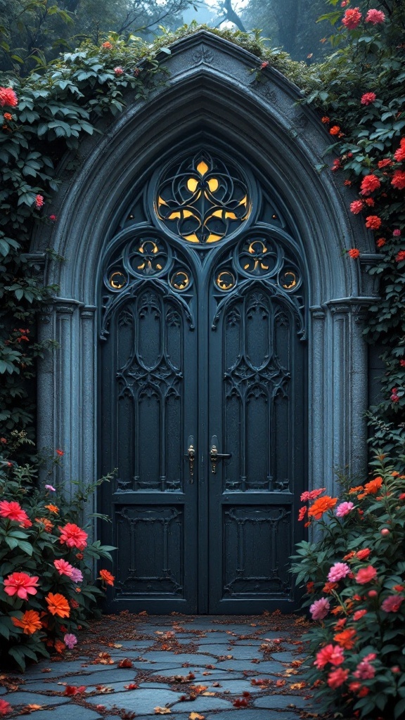 Gothic arch garden gate surrounded by colorful flowers