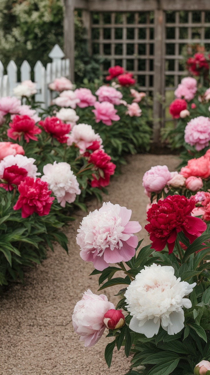 A garden filled with vibrant pink and red peonies alongside a white picket fence.