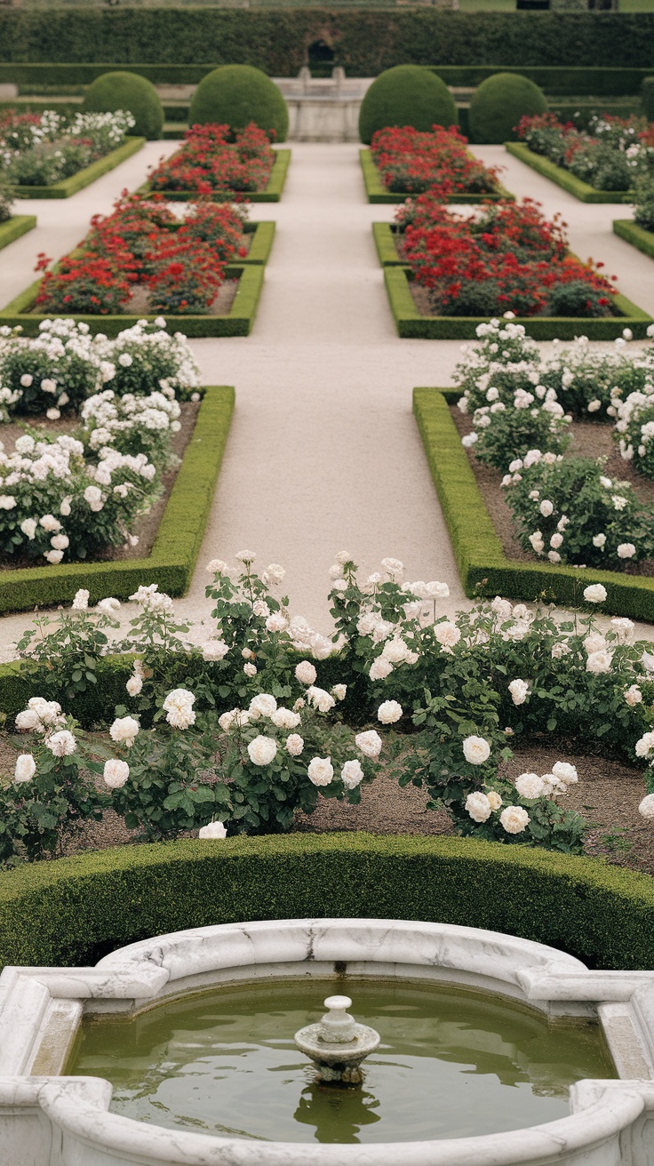 A beautifully designed rose garden featuring red and white roses, manicured bushes, and a central fountain.