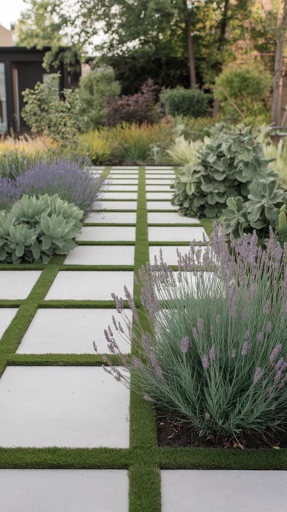A grassy grid design featuring concrete slabs and lavender plants.