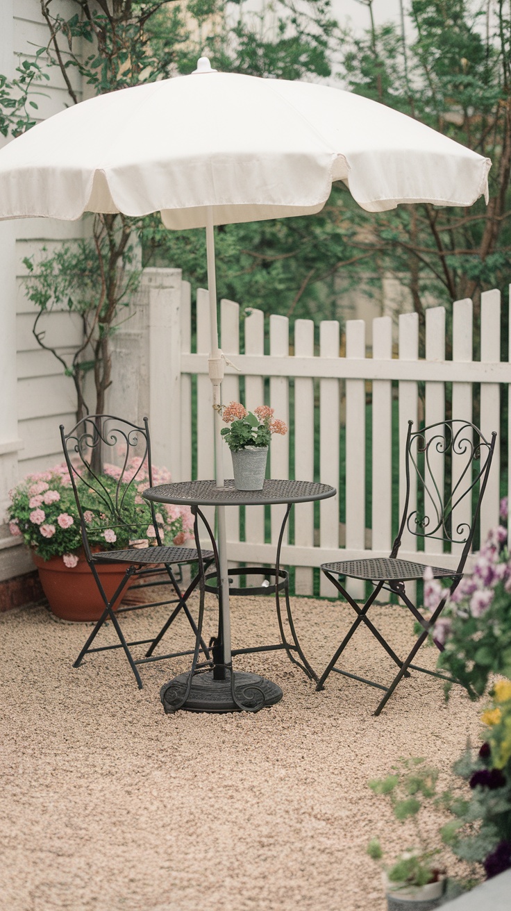 A small gravel patio featuring a bistro set with an umbrella and potted plants.