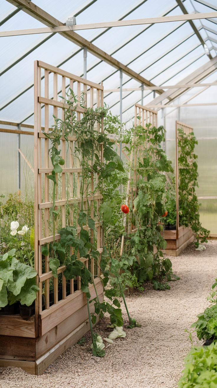 Wooden trellises supporting climbing plants inside a greenhouse.