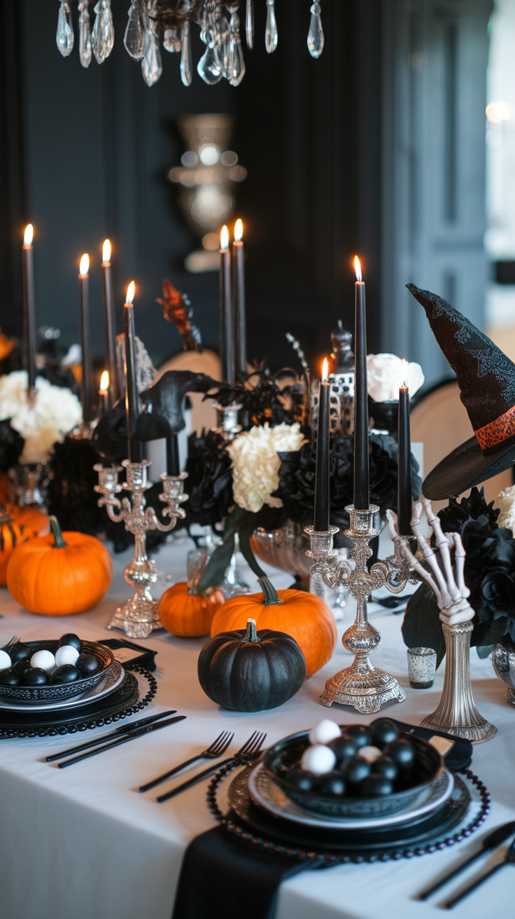 A Halloween-themed table decorated with pumpkins, candles, and elegant tableware.