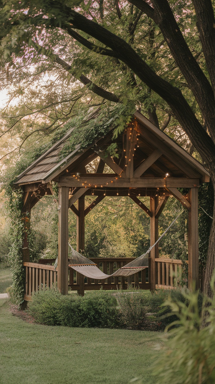 A wooden gazebo with a hammock under trees, adorned with string lights.