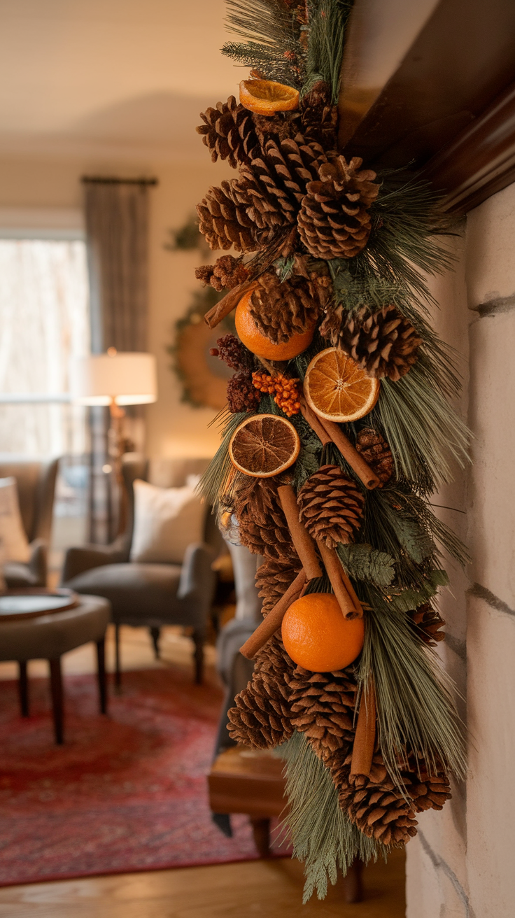 A beautifully arranged handmade garland featuring pinecones, dried oranges, and cinnamon sticks, hanging on a mantel.